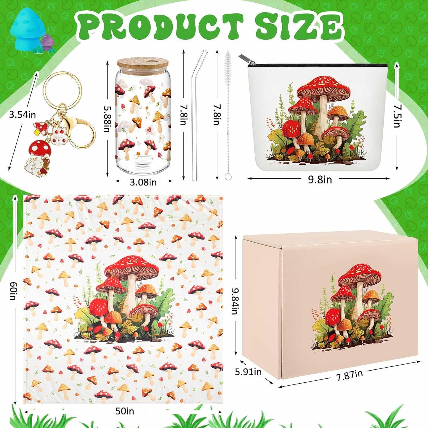 6 16oz Paterr Pcs Mushroom Themed Gifts for Women Christmas Canvas Tote Bag Makeup Bag Print Blanket Socks Glass Coffee