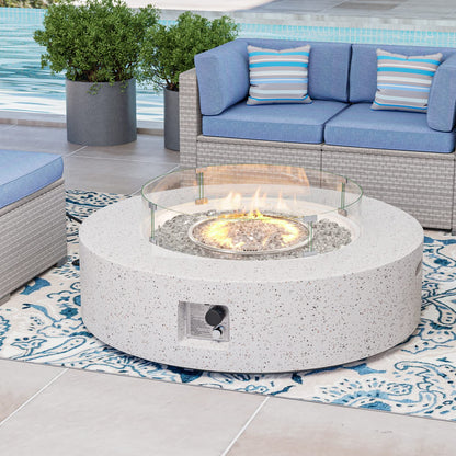 COSIEST Outdoor Propane Fire Pit Coffee Table w Terrazzo White 42 inch Round Base Patio Heater, Certified, 50,000 BTU Stainless Steel Burner, Wind Guard, Transparent Gray Fire Glass, Rain Cover