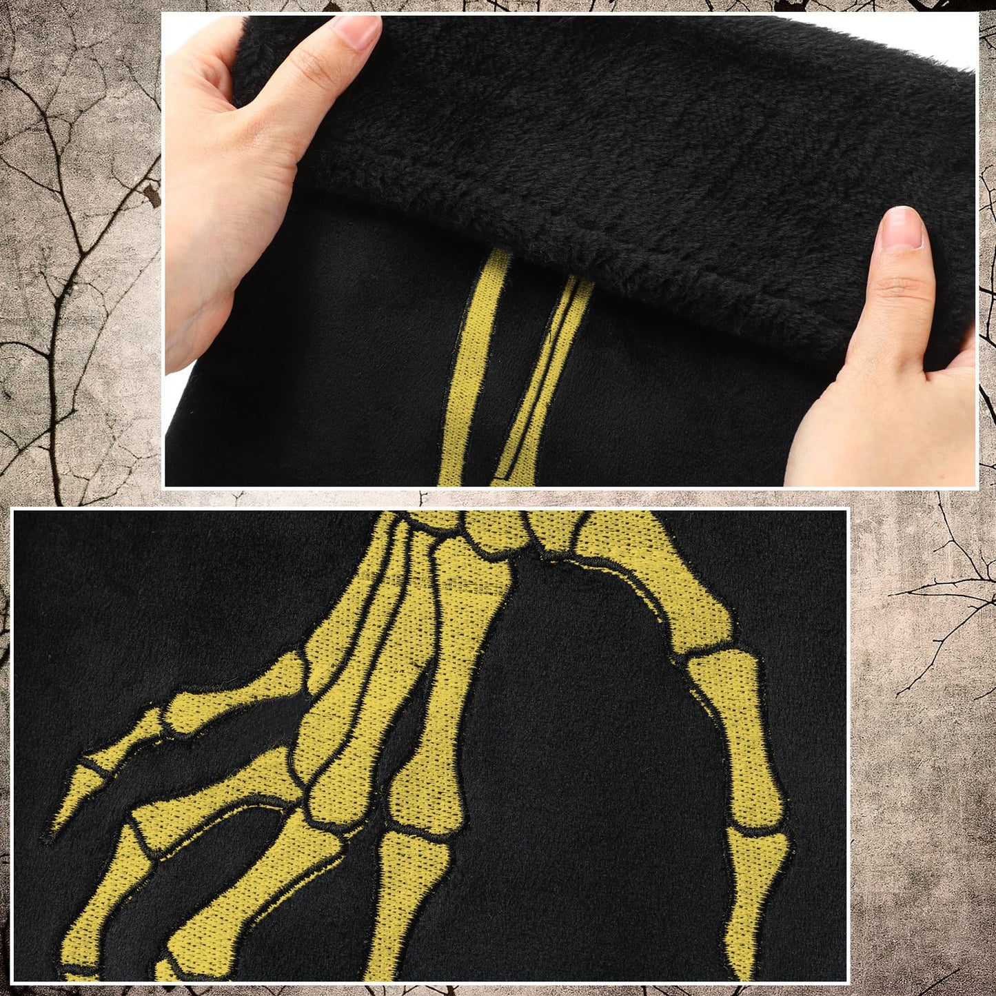 Croknit 2 Pcs Gothic Christmas Stocking Black Velvet Stocking Goth Xmas Skeleton Hand Embroidered Stockings Hanging Ornaments Santa Candy Gift Bags for Christmas Home Decorations(Gold)