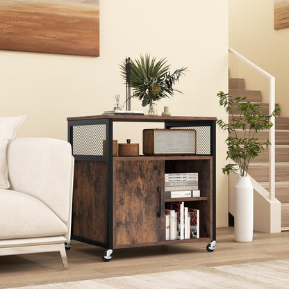 Giantex File Cabinet, Lateral Filing Cabinet with Lock, Wheels, Charging Station, Cable Hole, Lockable Side Cabinet, Adjustable Shelves, Metal Frame, Printer Stand for Home Office Small Space (Brown)