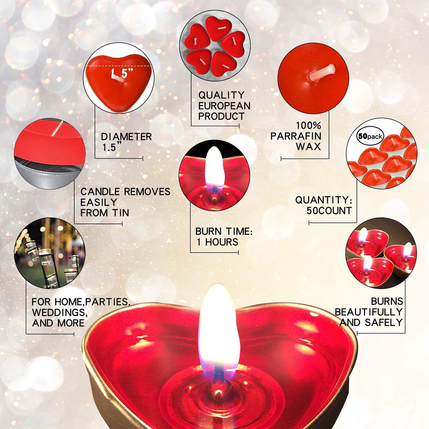 50Pack Heart Shaped Tealight Candles(25x2 Layers),Romantic Love Unscented Tea Lights Candles,Dripless & Long Lasting Smokeless Mini Tealight Candles for Romantic Decor,Pool,Home,Wedding (Pink)