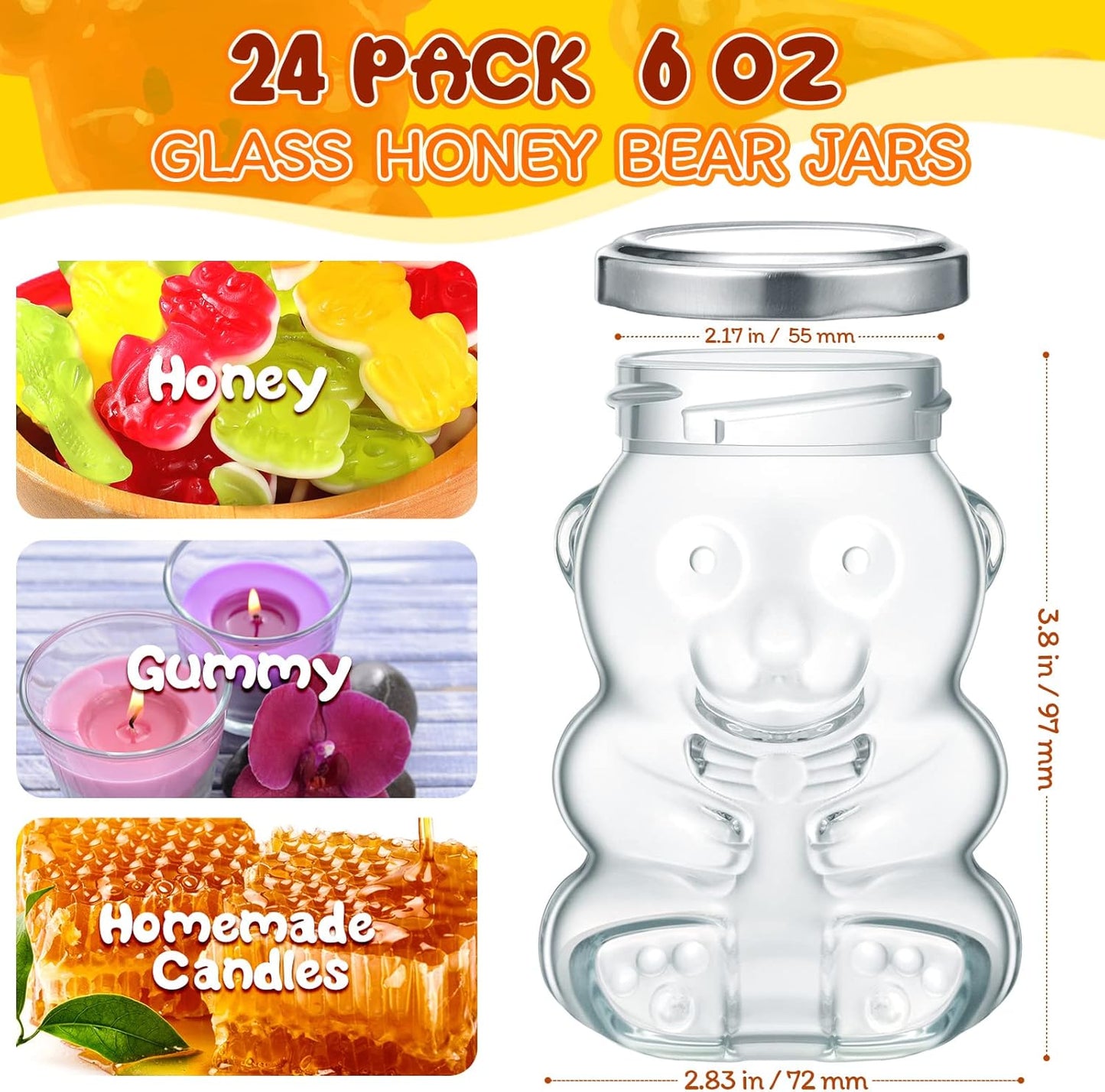 24 Pack 6 oz Patelai Glass Bear Shaped Honey Jars with Lids Reusable Small Tilted Bear Glass Bottles Containers