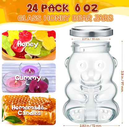 24 Pack 6 oz Patelai Glass Bear Shaped Honey Jars with Lids Reusable Small Tilted Bear Glass Bottles Containers