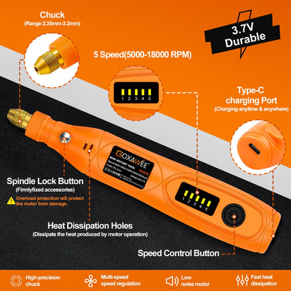 GOXAWEE Mini Cordless Rotary Tool Kit with 105pcs Accessories, USB Charging 5-Speed 18000rpm Multi-Purpose Art Craft Tool with 3.7V Li-ion Battery for Handmade Crafting and DIY Creations