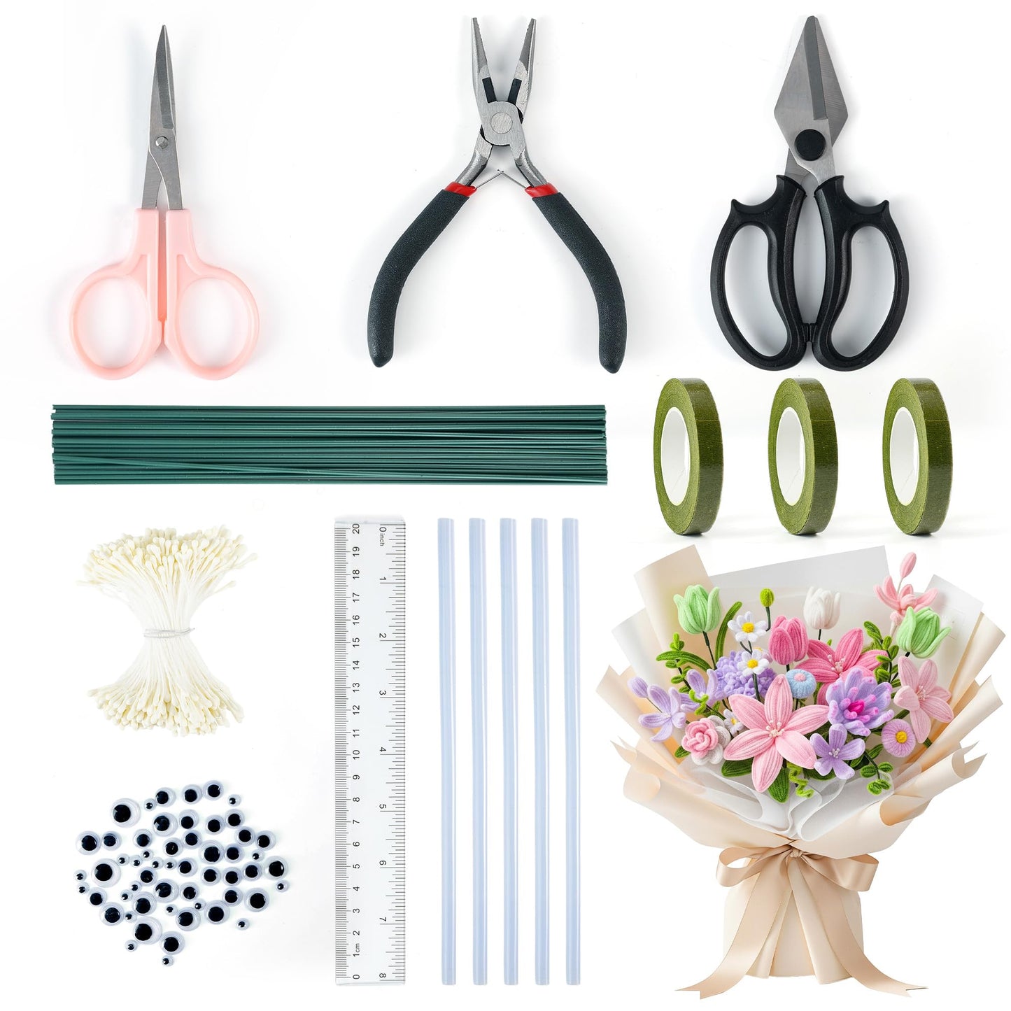 Caydo 134 PCS Pipe Cleaners Flowers Making Tool Kit for Bouquet Making, Floral Arrangement Kit with Floral Wire Stems, Floral Tape, Curved Scissors, Flower Scissors, Needle Nose Pliers, Stamens