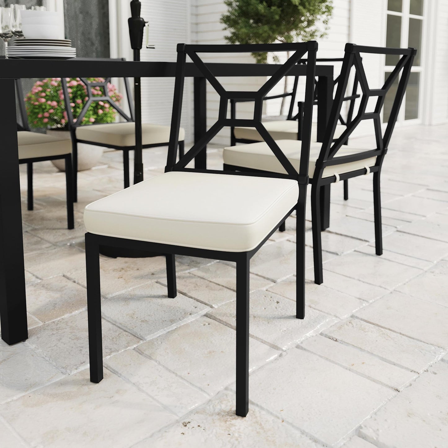 Martha Stewart Lily Pond All-Weather Stackable Patio Chairs with Elevated Backrest Design and Steel Frames in Black with Cream Cushions, Set of 2