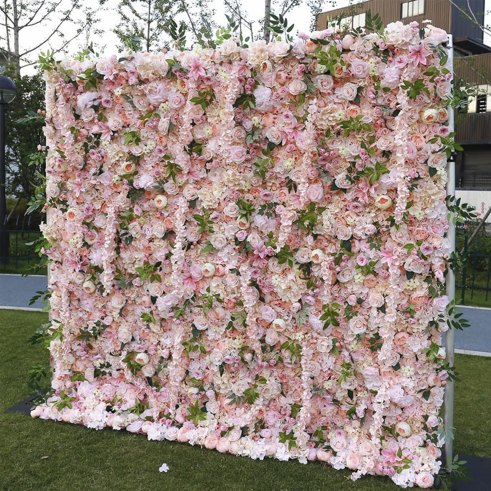 CVGfko Flower Wall Panel White & Pink Roses Artificial Flower Backdrop for Wedding Party Flower Birthday Decorations, Hanging Artificial Flowers Wall Romantic Silk Rose Flo-3M*3M