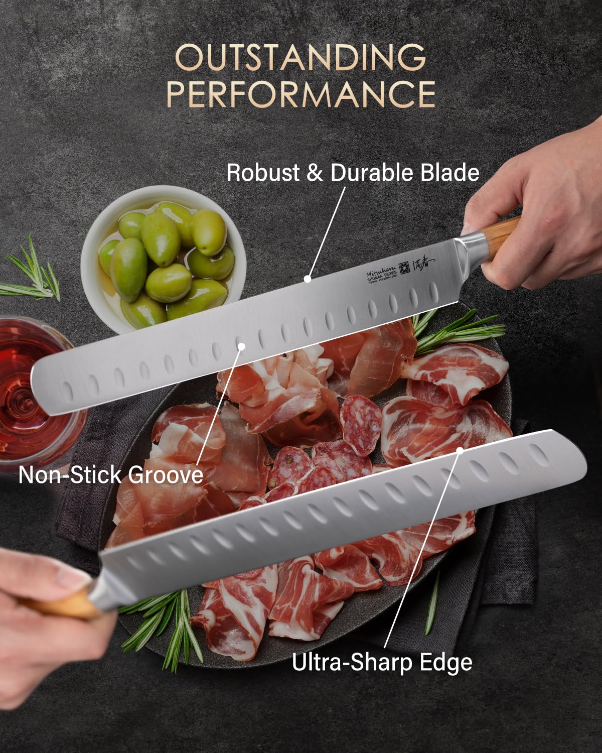 Mitsuharu 10.75" Slicing Knife, SHOMAN Series Brisket Knife for Meat Cutting with Ergonomic Olive Wood Handle, German Steel Meat Carving Knife for BBQ Brisket Turkey Ribs Roast Beef with Case