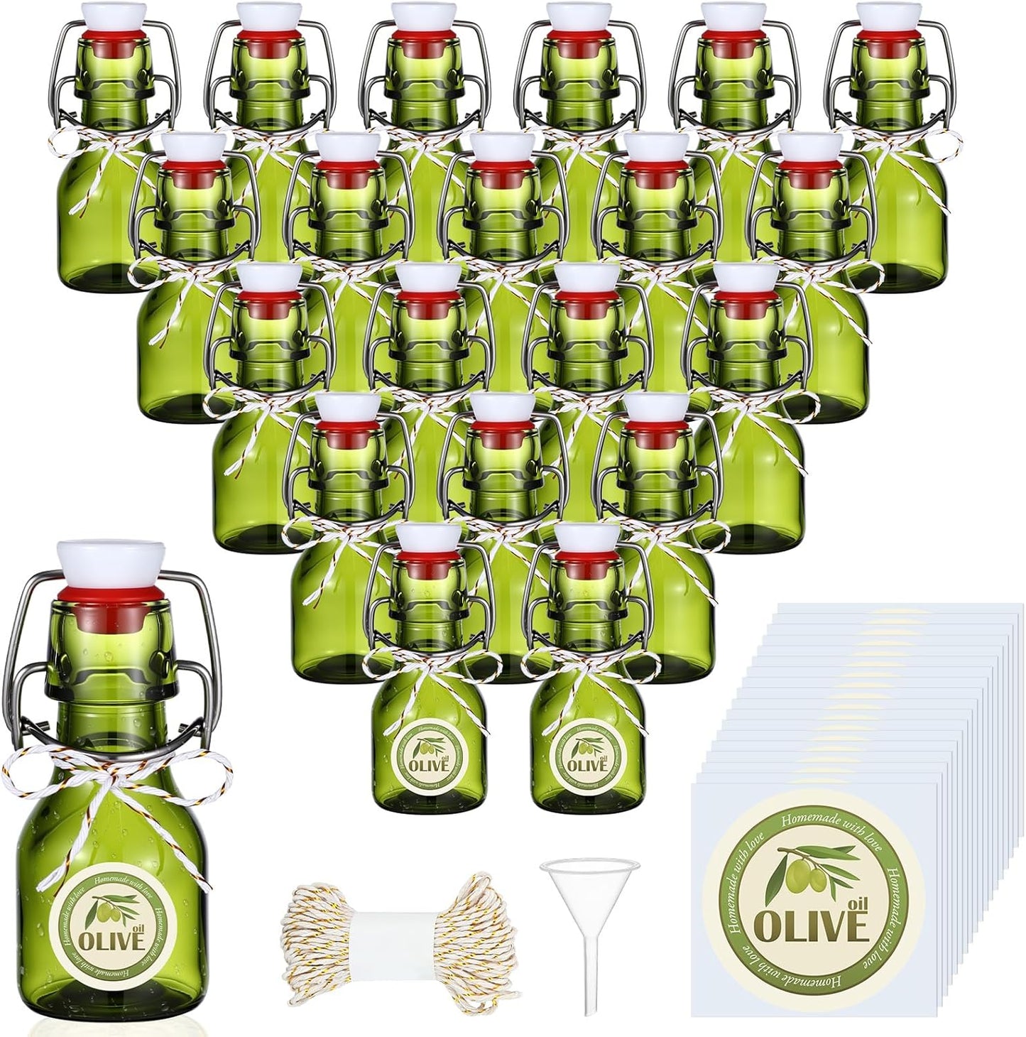 20 Pack Favors(2 oz,Olive Queekay Mini Swing Top Glass Bottles for Vanilla Extract Homemade Olive Oil Bottles with Lids