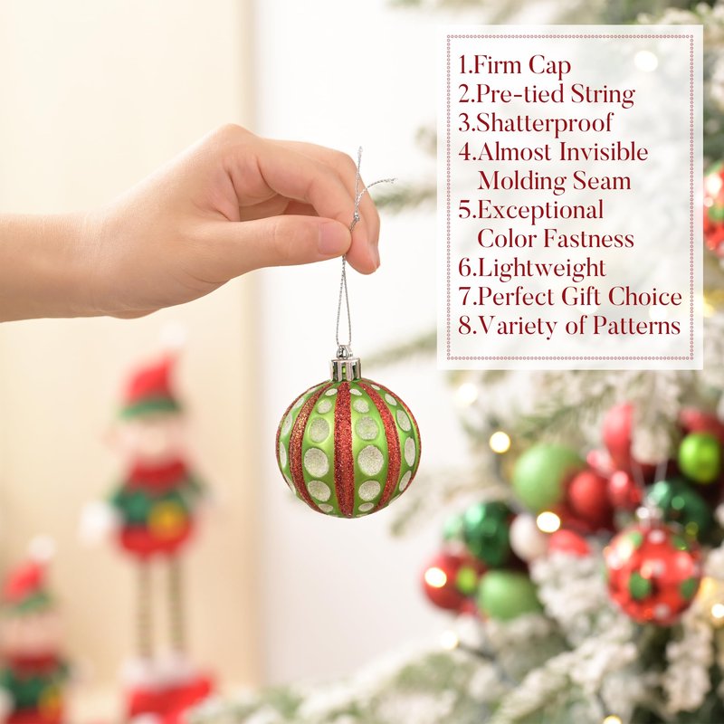 Valery Madelyn Christmas Ornaments Set, 16ct Red Green White Shatterproof Christmas Tree Decorations Ball Ornaments Bulk, 2.36 Inch Hanging Ornaments for Xmas Trees Holiday Party Decor