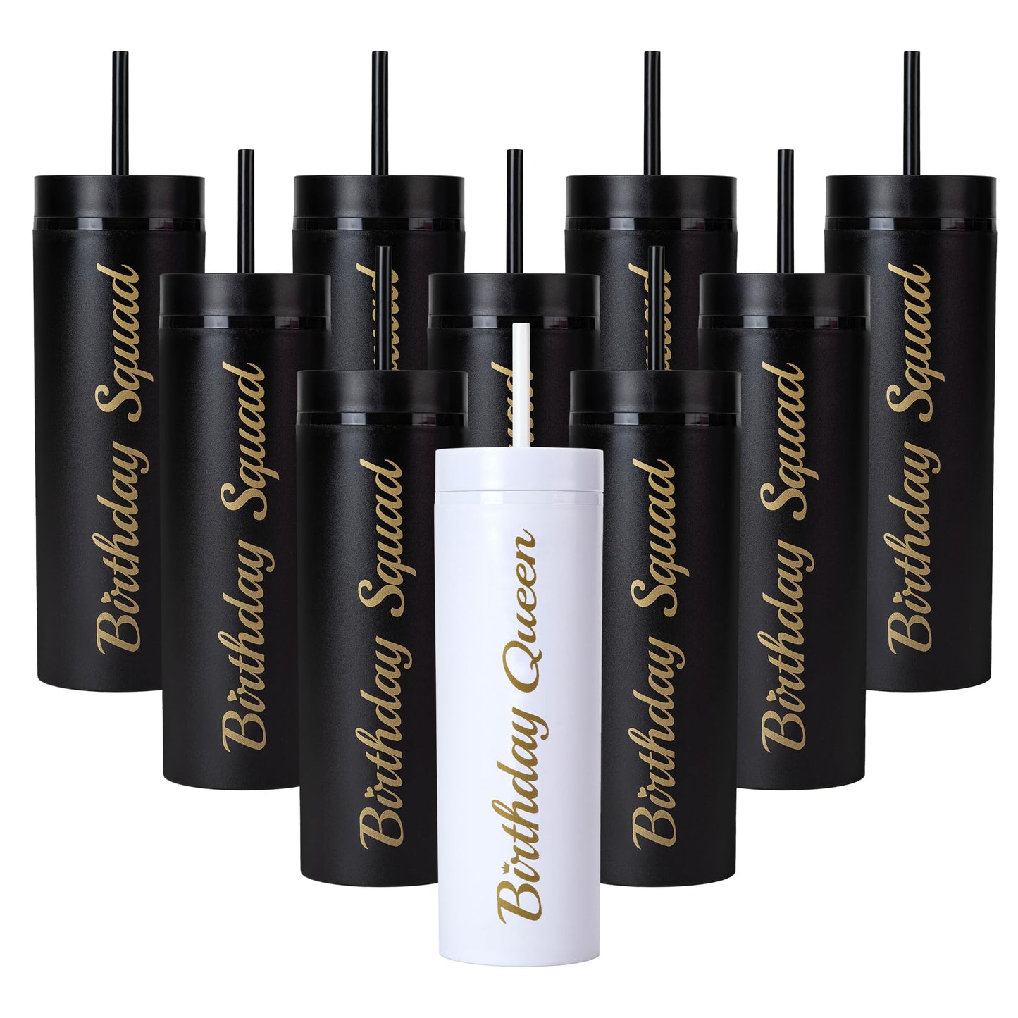 10 Pack Birthday Party Cups 16 oz Double Wall Birthday Squad Tumblers Birthday Queen Plastic Tumbler with Lid and Straws Birthday Cup Women Trip Cups for Women Trip Weekend Birthday Gifts(Black)