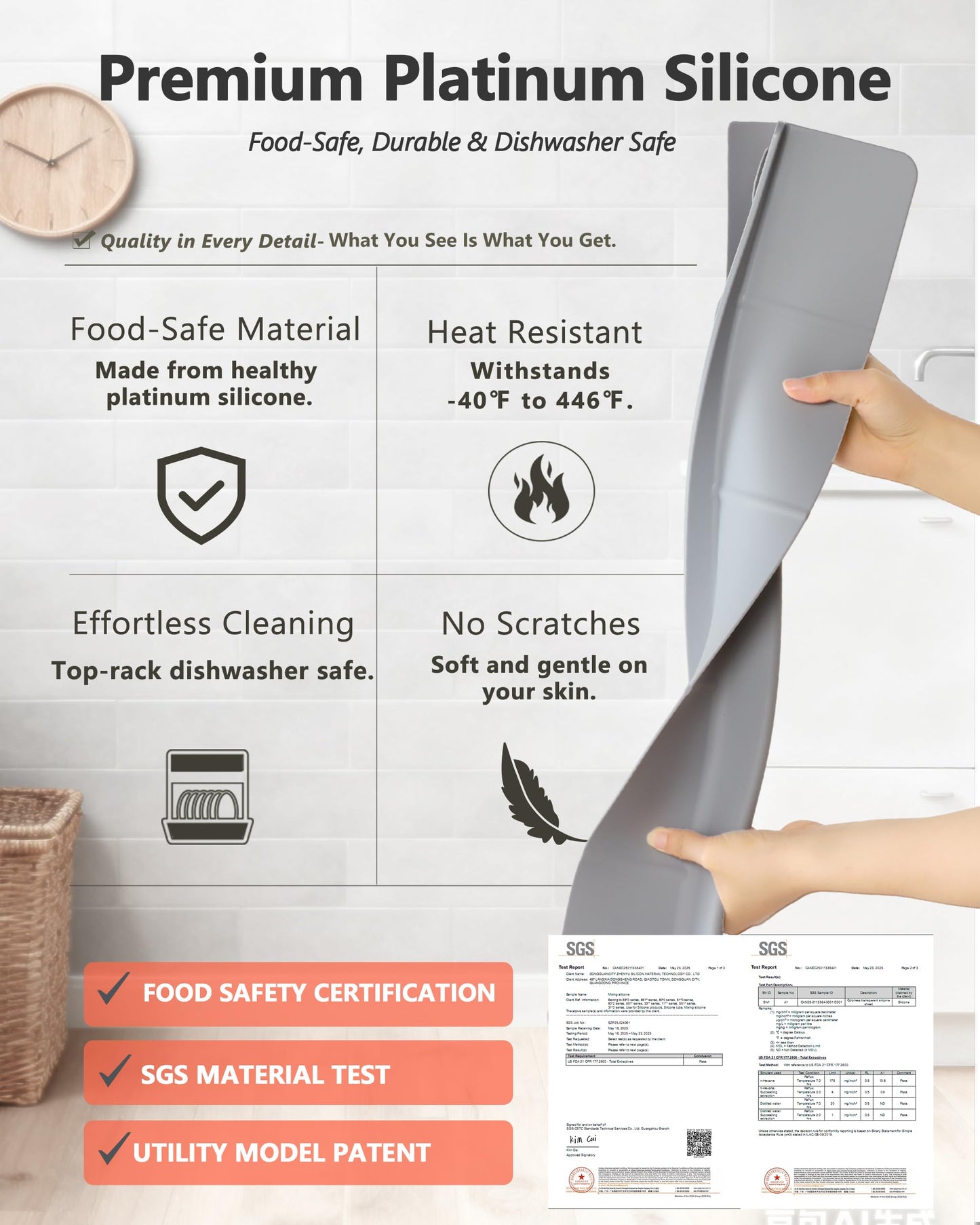 Akrelyan Kitchen Sink Splash Guard 18" 23" Self-Draining Silicone Water Guard with High Splash Wall & Strong Suction Cups for Faucet, Countertop & Sink Edge, Keeps Sinks Dry, Dishwasher Safe, Gray