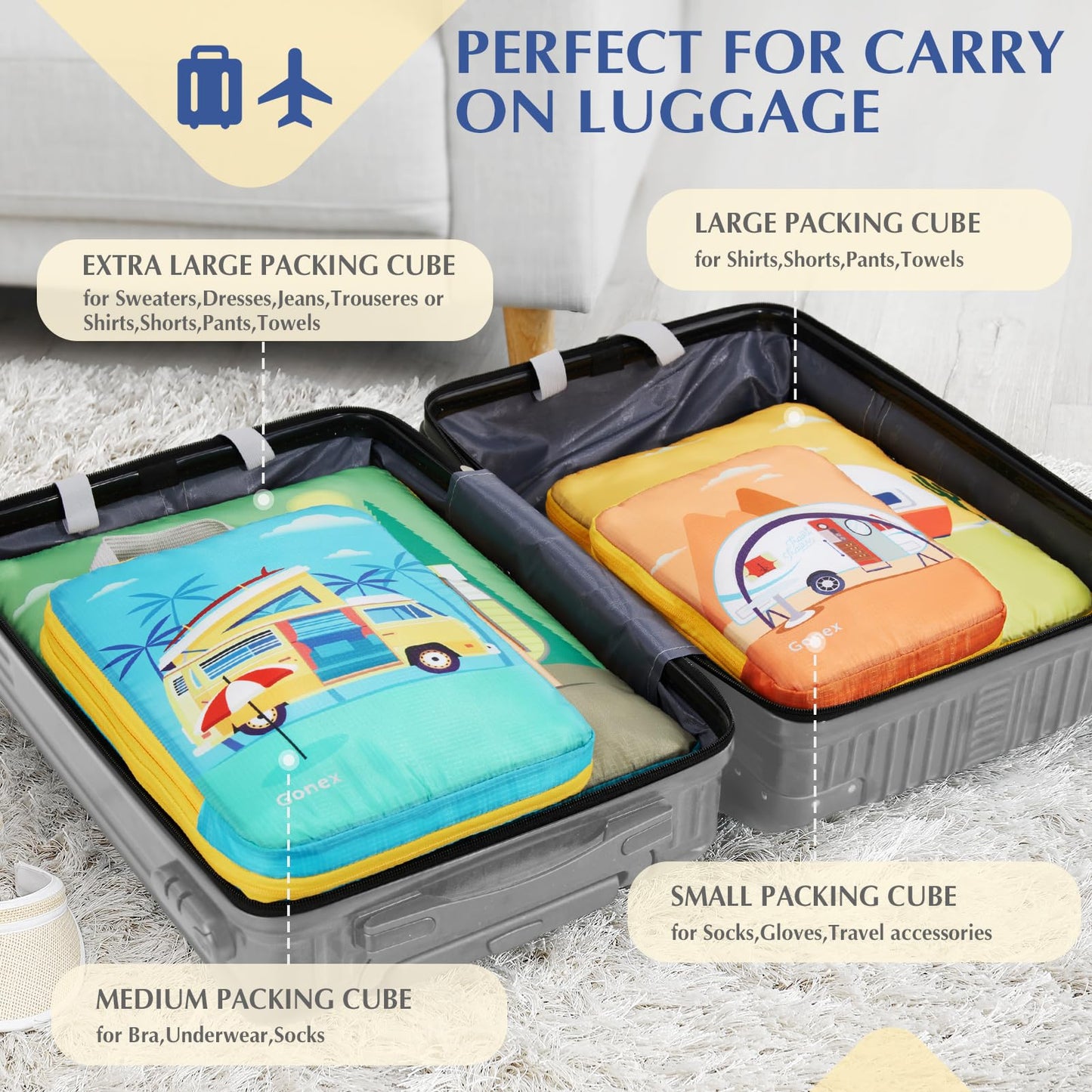 Gonex Compression Packing Cubes, 4pcs Expandable Storage Travel Luggage Bags Organizers, Travel Cubes for Suitcase Carry On (RV)