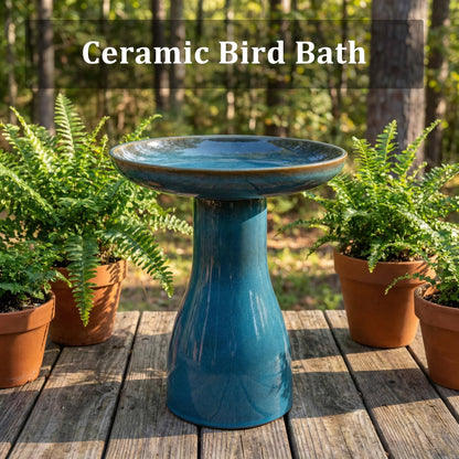 Dneuoir Ceramic Bird Bath for Outside, 19.7 Inch Tall Outdoor Birdbath, Reactive Glaze Bird Baths with Detachable Large Bowl for Outdoors, Garden, Floor, Balcony, and Lawn