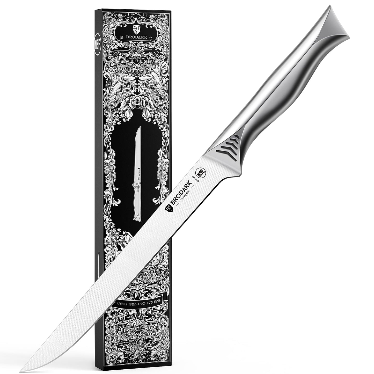 BRODARK Boning Knife - 7" Deboning Knife for Meat Cutting - High Carbon Stainless Steel, One Piece Design Fillet Knives - NSF Certified, Shark Series