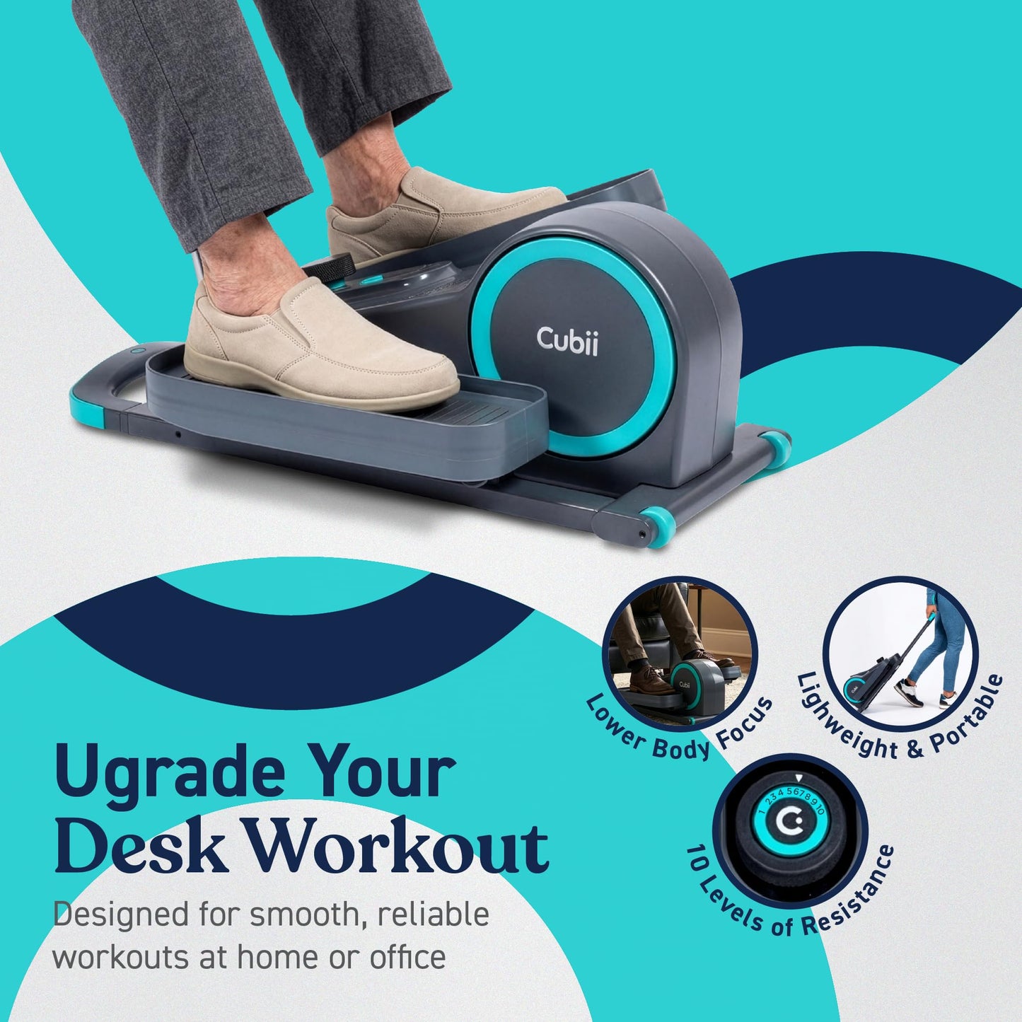 Cubii GO Under Desk Elliptical Bike, Portable Low Impact Leg Exerciser for Home and Office | Compact Exercise Machine with 10 Resistance Levels, LCD Display & App Tracking