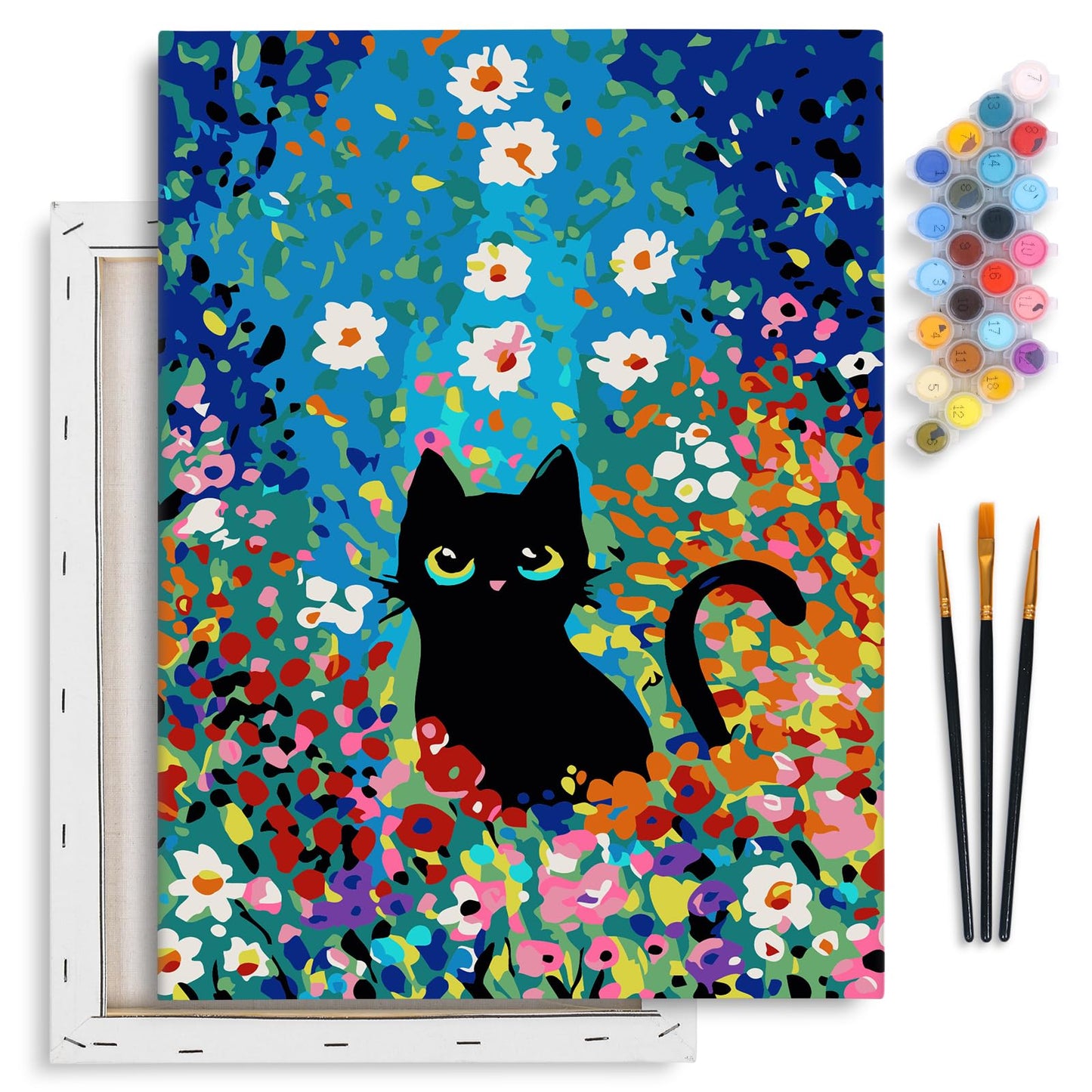 Fountor 12” W x 16”L Framed Paint by Numbers Kit for Adults Beginner, Black Cat Adult Paint by Number Kits on Canvas, Cat Flowers Oil Painting by Numbers for Home Decor Gift