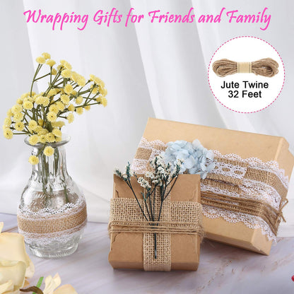 WILLBOND 4 Rolls Burlap Ribbon Lace Roll Crafts Ribbon with 32 Feet Twine Rope for Wedding Rustic Decoration DIY Handmade Crafts, 5.5 Yards for Each