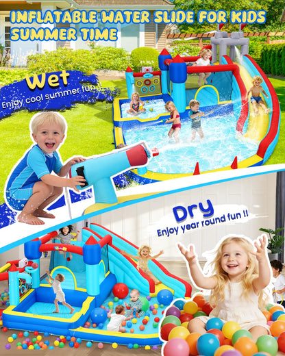 AKEYDIY Inflatable Water Bounce House, 15 x 14 FT Water Slide for Kids,Bouncy Castle Water Park with Deep Splash Pools,Water Cannon&Spray Belt,750W Blower,Ideal for Backyard/Party/Birthday