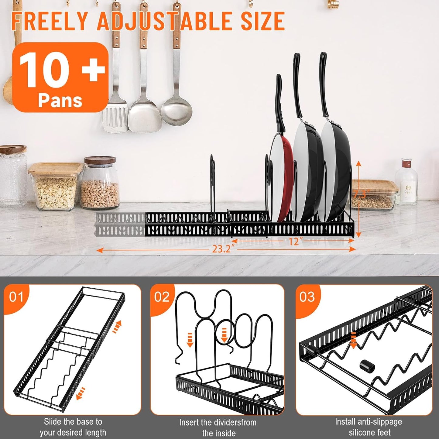 AHNR Expandable Pot and Pan Organizer Rack, 10+ Pots and Pans Lid Holder, Kitchen Cabinet Bakeware Organizer with 10