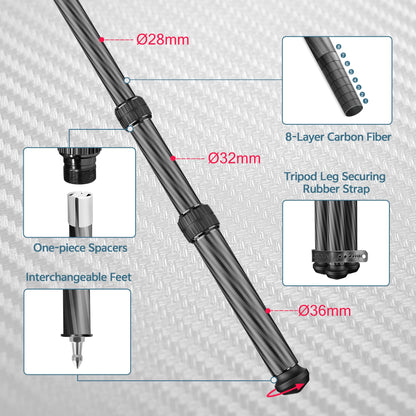 Manbily Carbon Fiber Hunting Tripod with 44mm Ball Head and Arca Swiss & Picatinny Adapters, 63" Heavy Duty Stable Inverted Tripod for Hunting, Shooting, and Outdoors (WZ-2836)