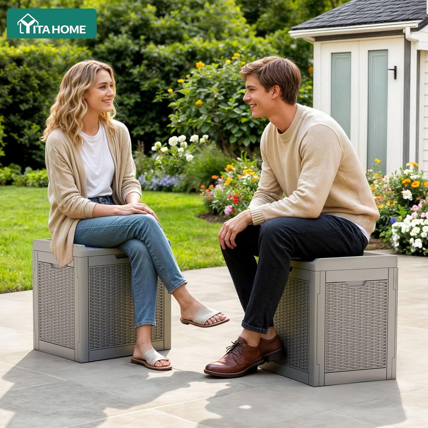 32 YITAHOME Gallon Deck Box, Resin Storage with Lockable Lid & Side Handles, Indoor Outdoor Small Container for Patio