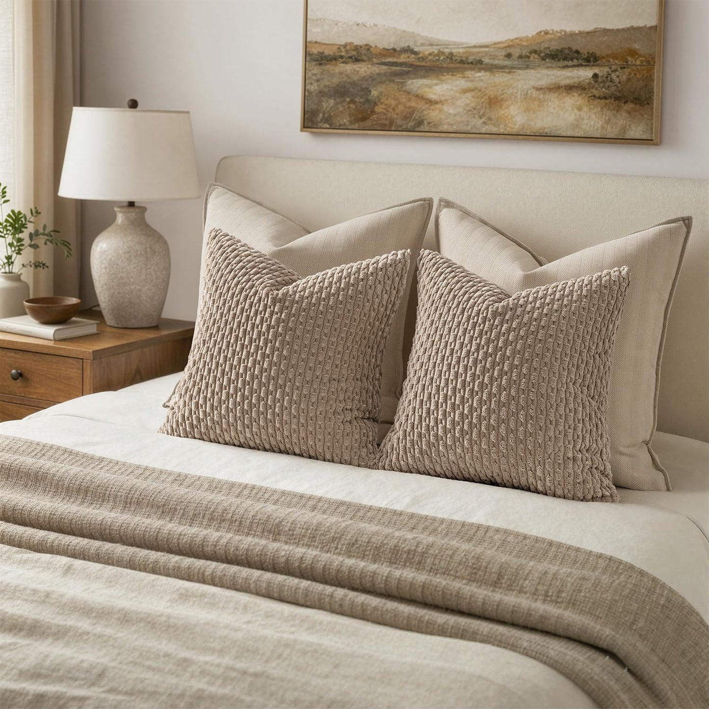 MIULEE Pack of 2 Decorative Throw Pillow Covers 18x18 Inch Soft Boho Striped Textured Corduroy Pillow Covers Modern Farmhouse Home Decor for Couch Bed Sofa Living Room Neutral Light Brown