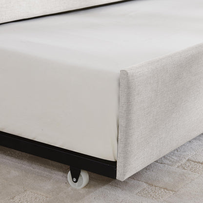 Ball & Cast Full Size Daybed with Pop up Trundle,Linen Upholstered Day Bed Frame with Channel Tufted Backrest & Armrest,Extendable Trundle Bed,Full to King Design,Easy Assembly,Black