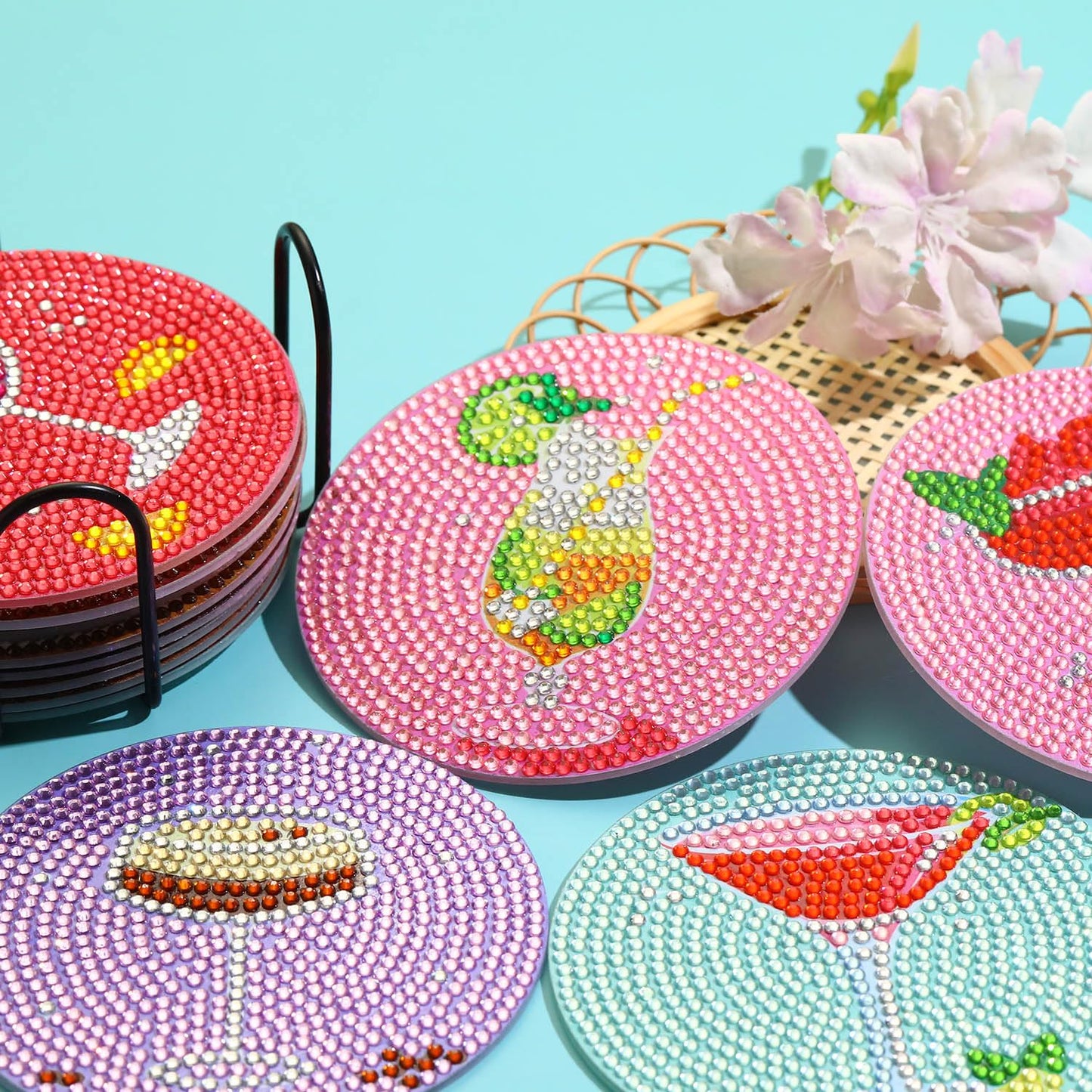 8 PCS Cocktail Diamond Art Coasters Kits, Diamond Painting Coasters with Holder Set of 8, DIY Drink Coasters Art Crafts Supplies for Adults Cup Mat for Home Decor House Warming Gifts Non-Slip 3.9inch