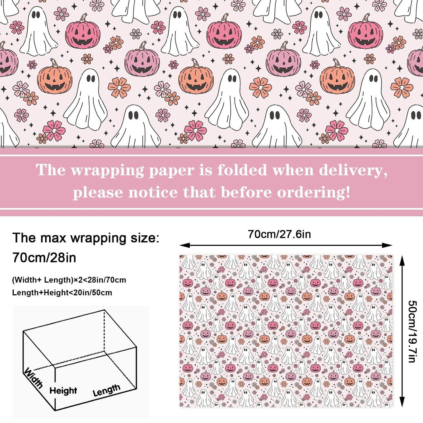 12 Sheets Halloween Wrapping Paper - Not Roll - Pink White Ghost Pumpkin Gift Wrap Paper Folded Flat Cute Art Paper for DIY Crafts, 19.7 x 27.6 Inch