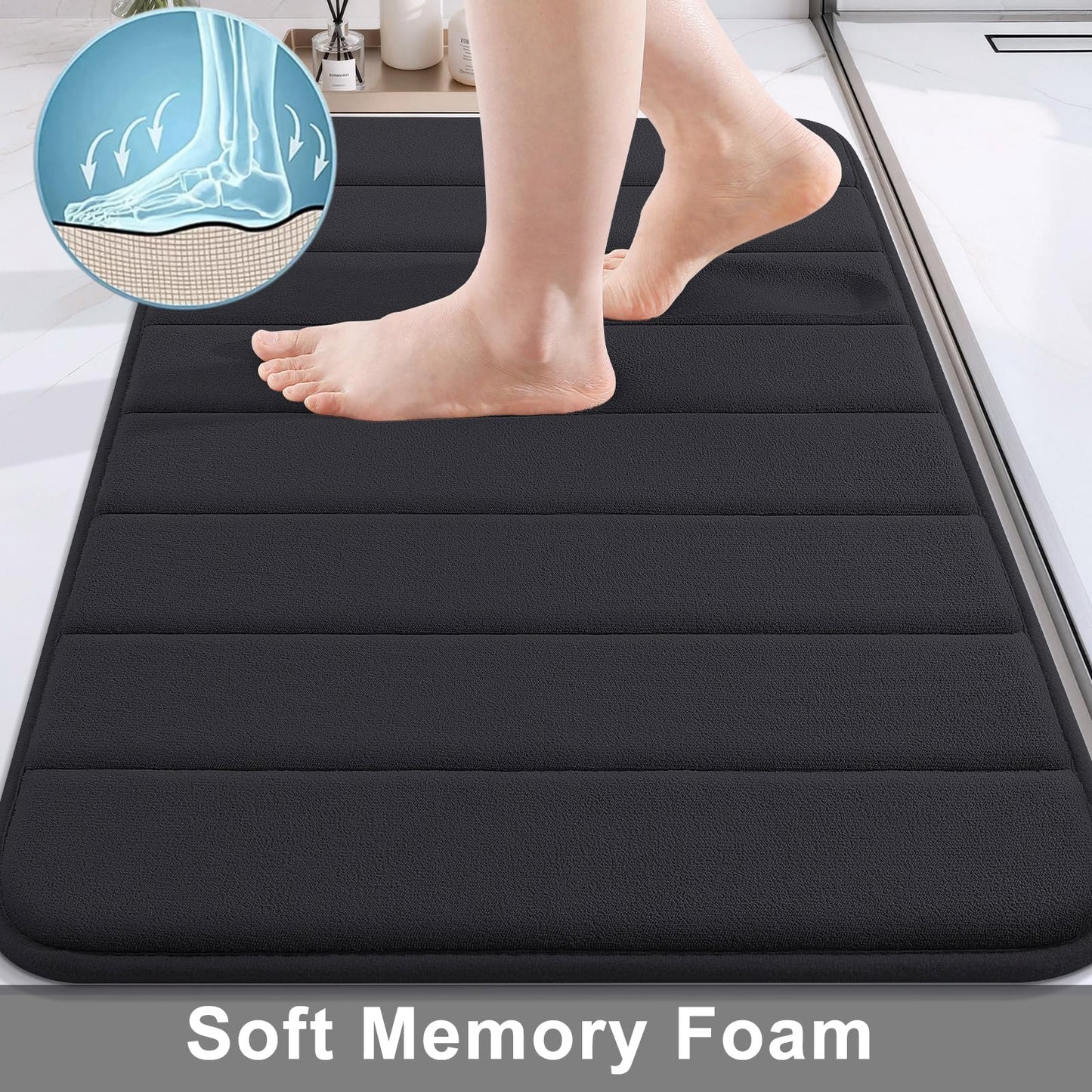 Buganda Memory Foam Bath Mat, 34" x 20", Ultra Soft and Non-Slip Bathroom Rugs, Water Absorbent and Machine Washable Bath Rug for Bathroom, Shower, and Tub, Black