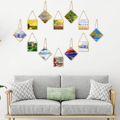 DoubleFill 12 Pcs Hanging Clear Photo Frame Double Glass for Pressed Flower Floating Frame with Chain Display Gallery Artwork Horizontal Vertical Gold Metal Rectangle Wall Decor(3 x 3 Inch)