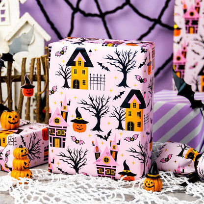 MAYPLUSS Halloween Wrapping Paper Roll, Vintage Haunted Mansion Wrapping Paper, Pink Haunted House, Pumpkin & Bat Design Halloween Day Gift Wrap for October,Holiday,Christmas Nightmare (17In X 33Ft)