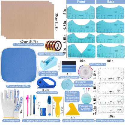 QUKLOGEN Sublimation Shirts Tool Kits Shirt Measure Ruler Set Include 12 T Shirt Guide Ruler,Portable Pad for Ironing,Teflon Sheet for Heat Press,Heat Resistant Tape Craft Sewing Accessories