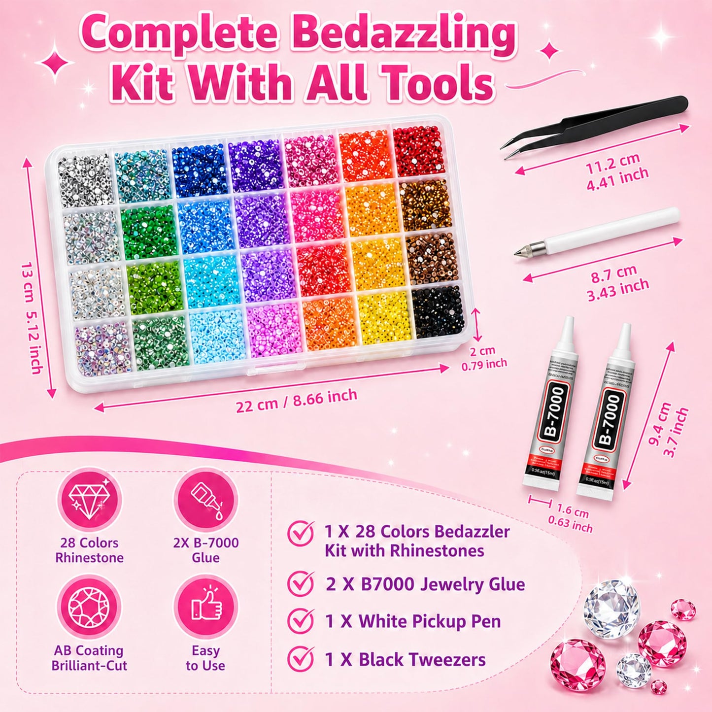 Vexorith Anti-Spill Rhinestone Bedazzling Kit, 35000pcs 28-Color High-Shine AB Coating Flatback Resin Rhinestones with B7000 Glue and Tools, Organizer Case for DIY Phone Cases, Clothes, Sneakers