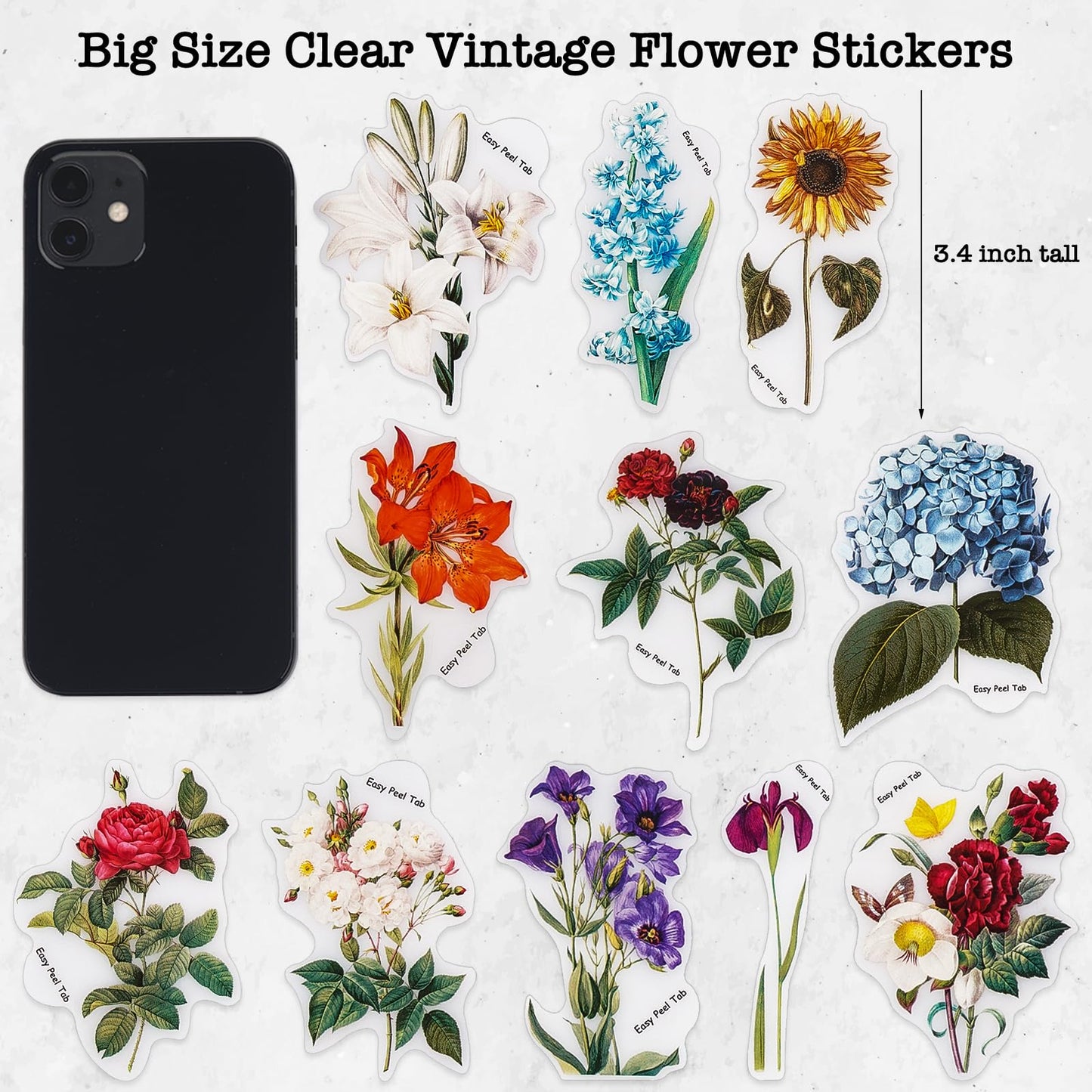 Knaid 100 Pieces Vintage Flower Stickers Set - Big 3.4" Waterproof Clear Botanical Floral Journaling Sticker for Scrapbooking Junk Journal Supplies Bullet Journals Planner Collage Laptop Paper Crafts