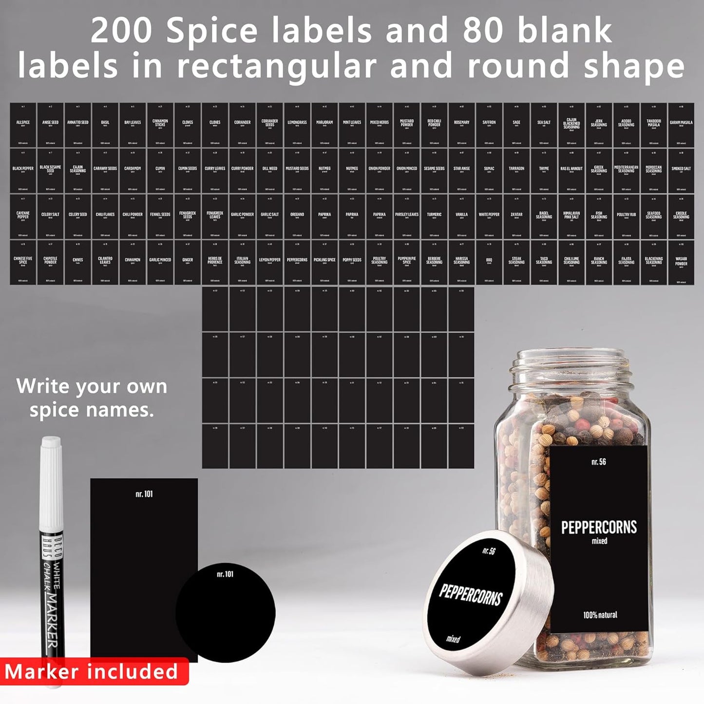 24 4oz 280 Deco haus Glass Spice Jars with Label x [LABELS incl] Spice Containers with Labels, Shaker Lids, Funnel