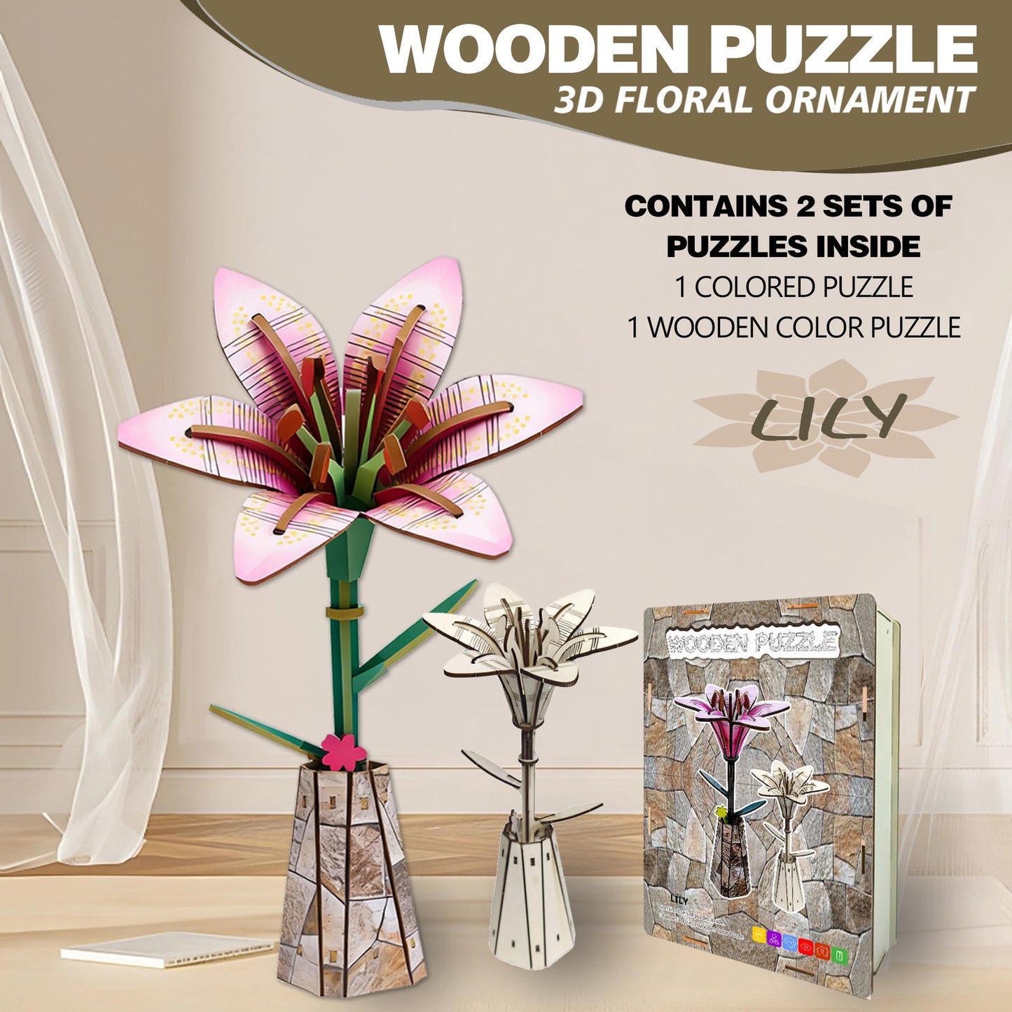 LYYHUWJIE 3D Flower Puzzle for Adults, Lily DIY Wooden Flower Crafts Set, Artificial Flower Model Kit to Assemble, Creative Adult Craft Kit for Women, Desk Decor & Mother’s Day Gift