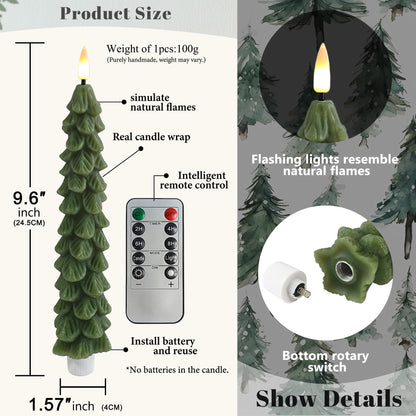 FCMSHAMD Gradient Green Christmas Trees Flickering Flameless Candles with Remote and Timer, Real Wax 3D Flame Wick LED Candles, 9.8 Inch Battery Operated Candles for Christmas Home Decoration，4PCS