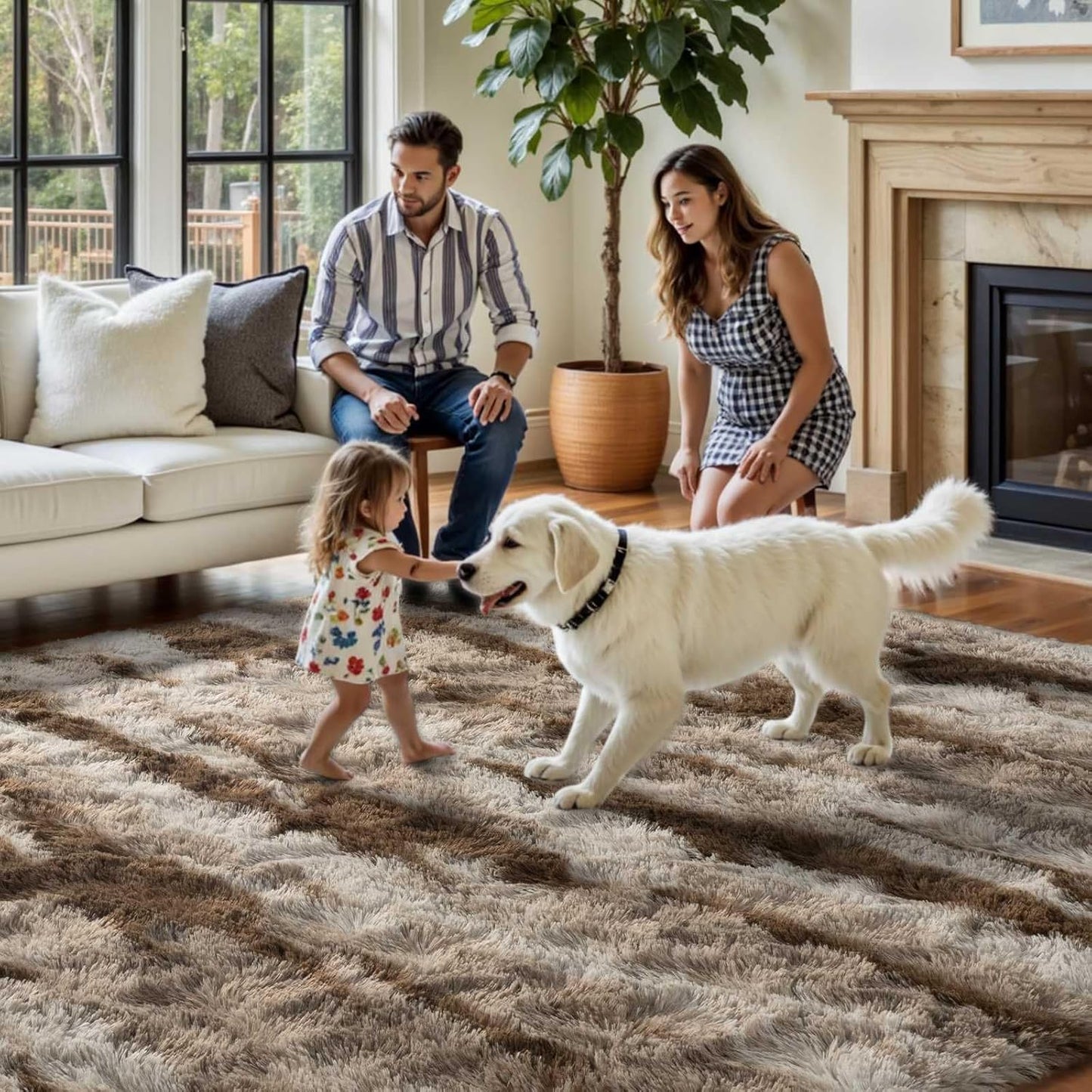5x8 FinRec Brown Rugs for Living Room Bedroom, Fluffy Shaggy Area Rug, Non-Slip Soft Shag Rug for Nursery Kids Room