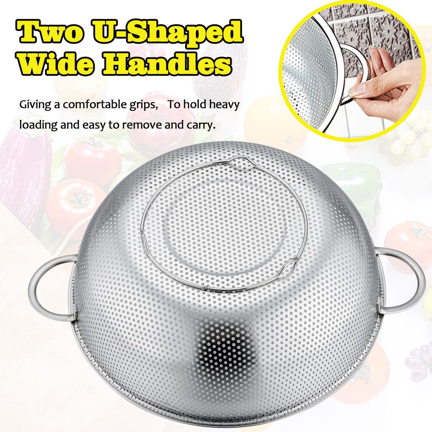 P&P CHEF Stainless Steel Colander, Micro-Perforated Food Strainer with Handle for Washing Draining, Great for Pasta Fruits Vegetables, Dishwasher Safe & Healthy, 1 +3 Qt, 2Pcs