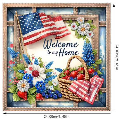 SHLUHA Diamond Art Kits for Adults Diamond Art Welcome Design Special Shape Acrylic Hanging Pendant Crystal Mosaic Home Wall Door Window Decor with Chain Handmade Gift with American Flag(LG53)