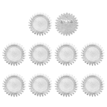 MECCANIXITY 10 Pcs Cabochon Brooch, 25mm Alloy Findings Trays Round Pins, Vintage Setting Brooch Pins for DIY Jewelry Making Pendants Photo Craft, Sunflower Style, Silver
