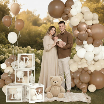 140Pcs Coffee Brown Baby Shower Decorations - Neutral Balloon Arch Garland Kit with 4 Baby Boxes - Mocha Beige Sand Nude Balloons for Teddy Bear Theme, A Baby Is Brewing, Gender Reveal Party