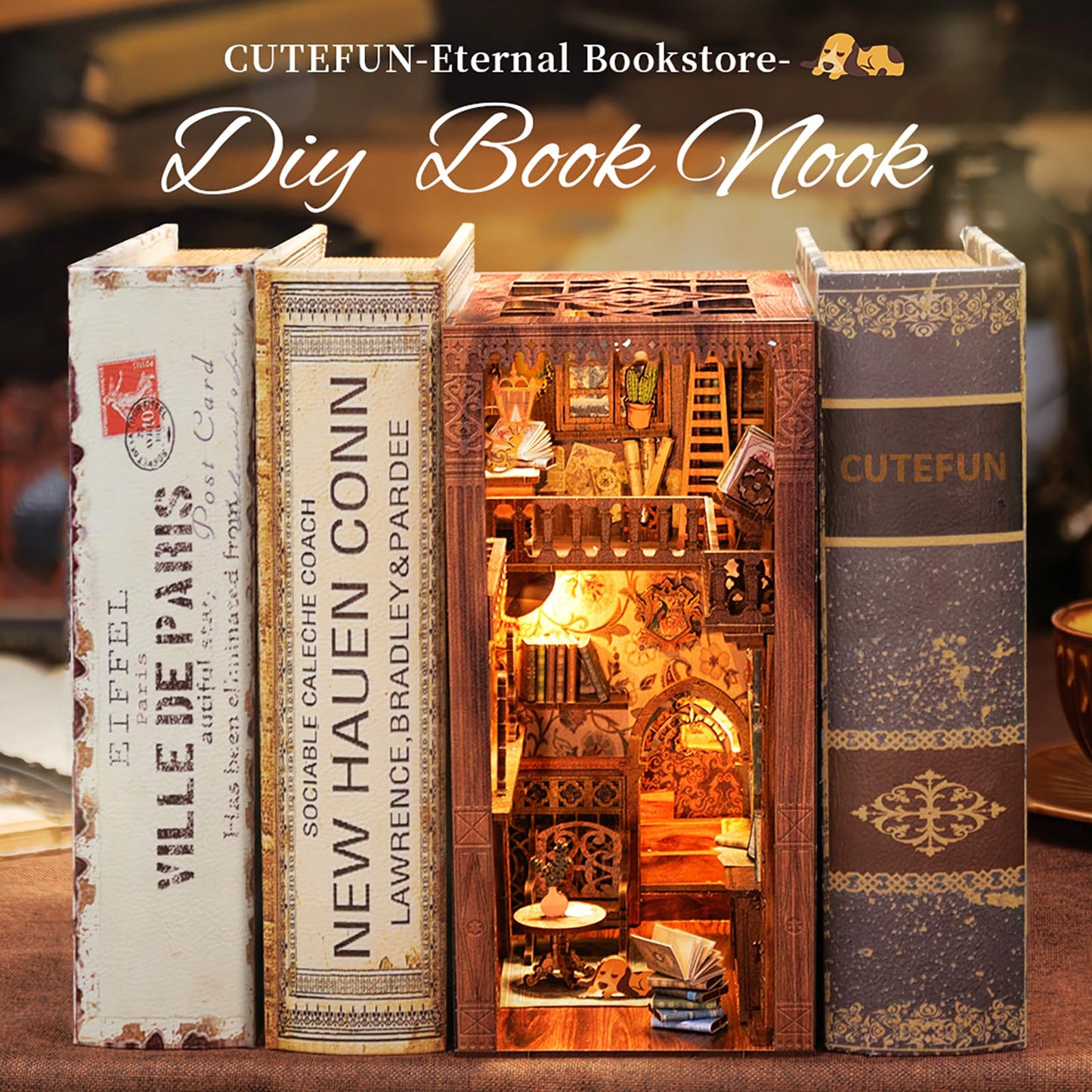 Cutefun Book Nook Kit Library, DIY Miniature Booknook Kit for Adults, 3D Wooden Puzzle Bookend Bookshelf Decor with LED Light & Dust Cover Christmas Crafts Gifts for Book Lovers (Eternal Bookstore)