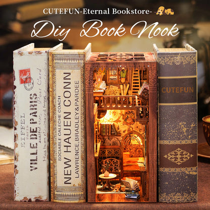 Cutefun Book Nook Kit Library, DIY Miniature Booknook Kit for Adults, 3D Wooden Puzzle Bookend Bookshelf Decor with LED Light & Dust Cover Christmas Crafts Gifts for Book Lovers (Eternal Bookstore)