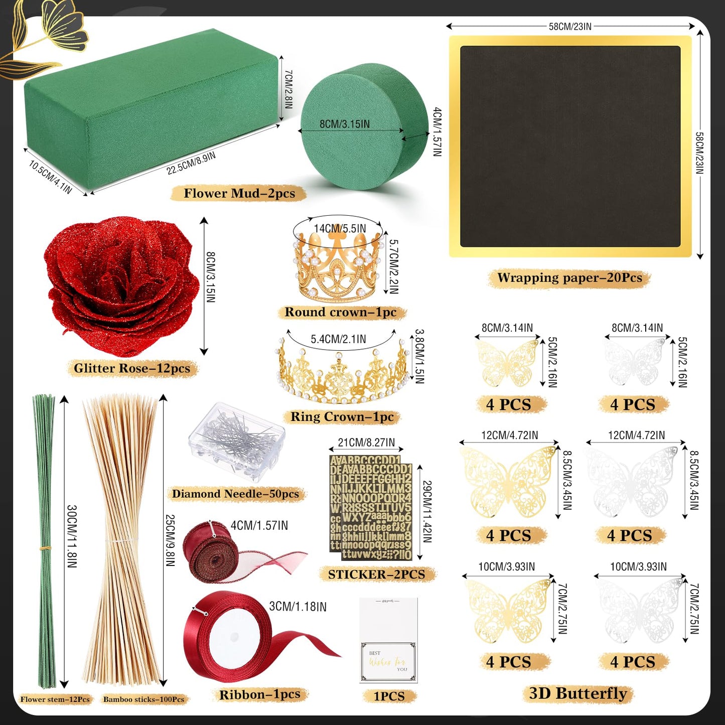 Maysing Money Bouquet Kit 12 Pcs Glitter Roses 20 Sheet Flower Wrapping Paper DIY Flower Bouquet Floral Foam Blocks Sticker for Anniversary Birthday Mother's Day Graduation(Red)