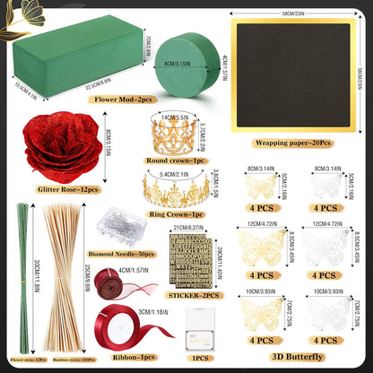 Maysing Money Bouquet Kit 12 Pcs Glitter Roses 20 Sheet Flower Wrapping Paper DIY Flower Bouquet Floral Foam Blocks Sticker for Anniversary Birthday Mother's Day Graduation(Red)
