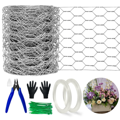Floral Chicken Wire for Craft Kit, 4" x 396" Lightweight Chicken Wire for Floral Arrangement, Hexagonal Galvanized Chicken Wire Netting with Floral Tape, Plier, Tie, Gloves(Silver,4" x 396")