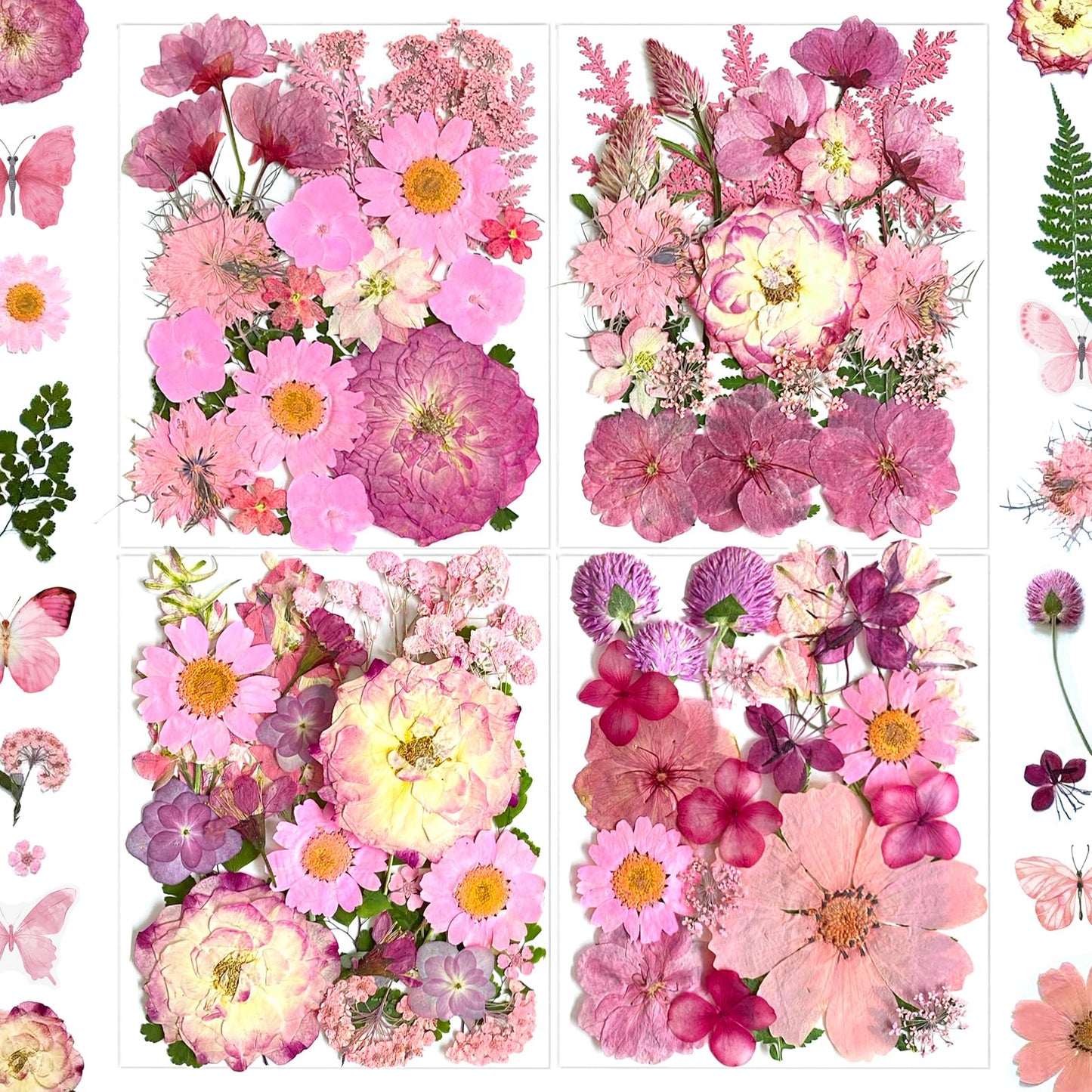 LUCISKY 132Pcs Pink Pressed Dried Flowers and Butterfly for Resin Molds, Real Natural Bulk Dry Floral Leaves Stickers for DIY Art Crafts, Jewelry, Candle, Soap Crafts Making